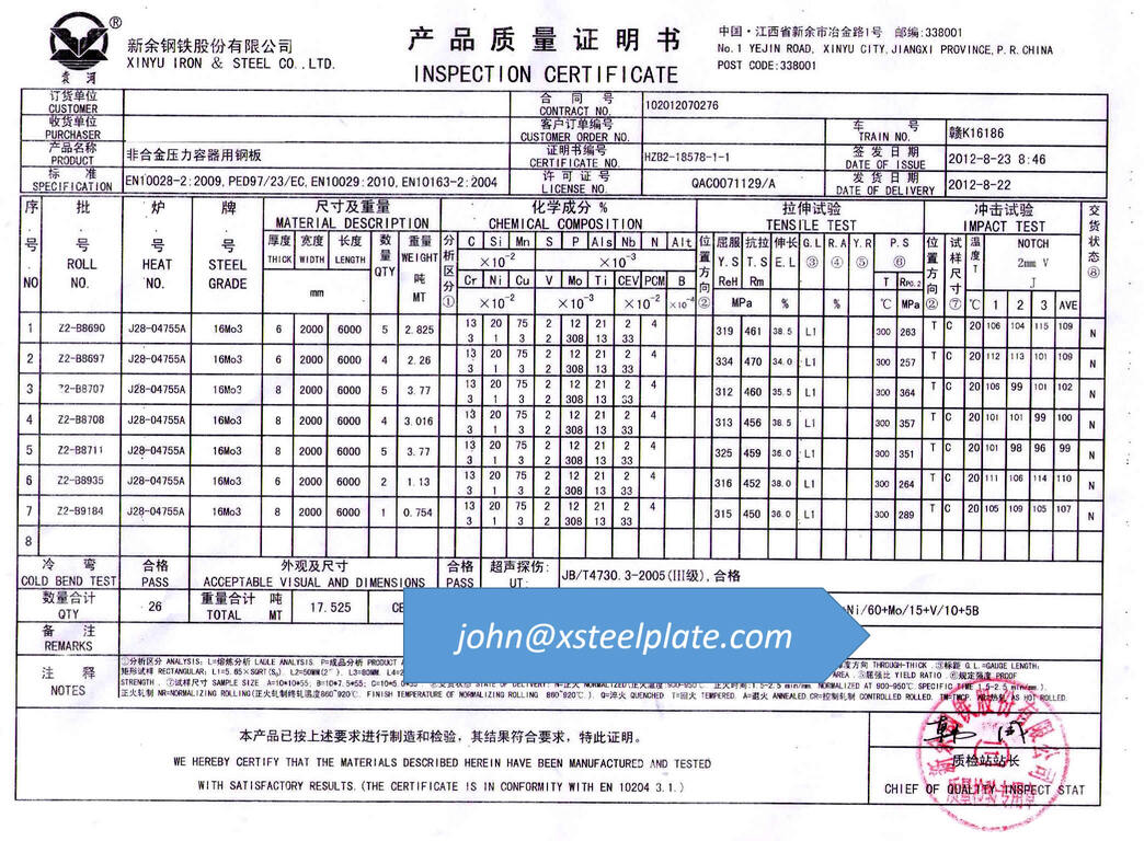 16Mo3 steel plate mill certificate