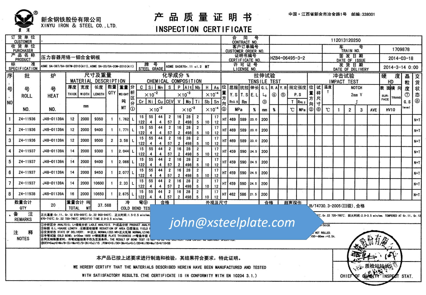 A387 GR.11 CL2 steel plate certificate