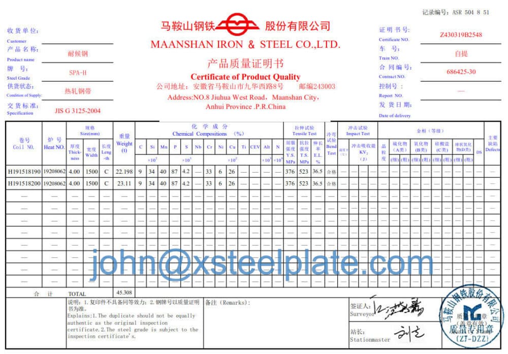 SPA-H steel plate mill certificate