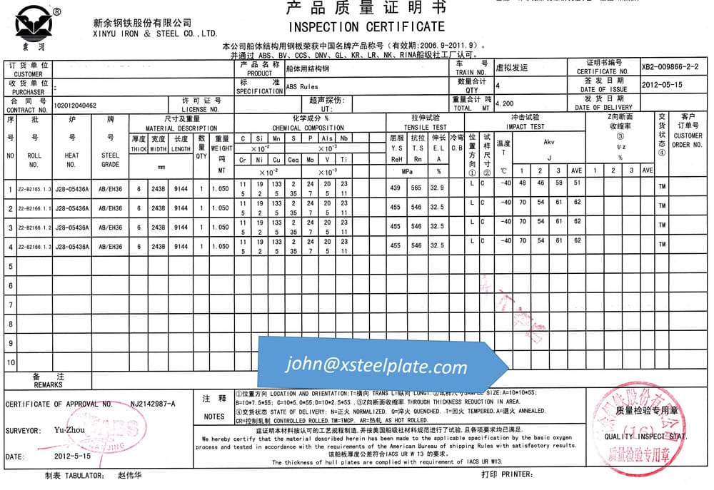 abs eh36 steel plate mill certificate