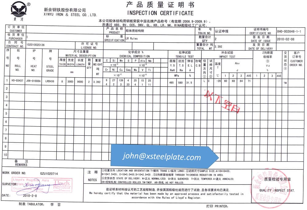 lr ah36 steel plate mill certificate