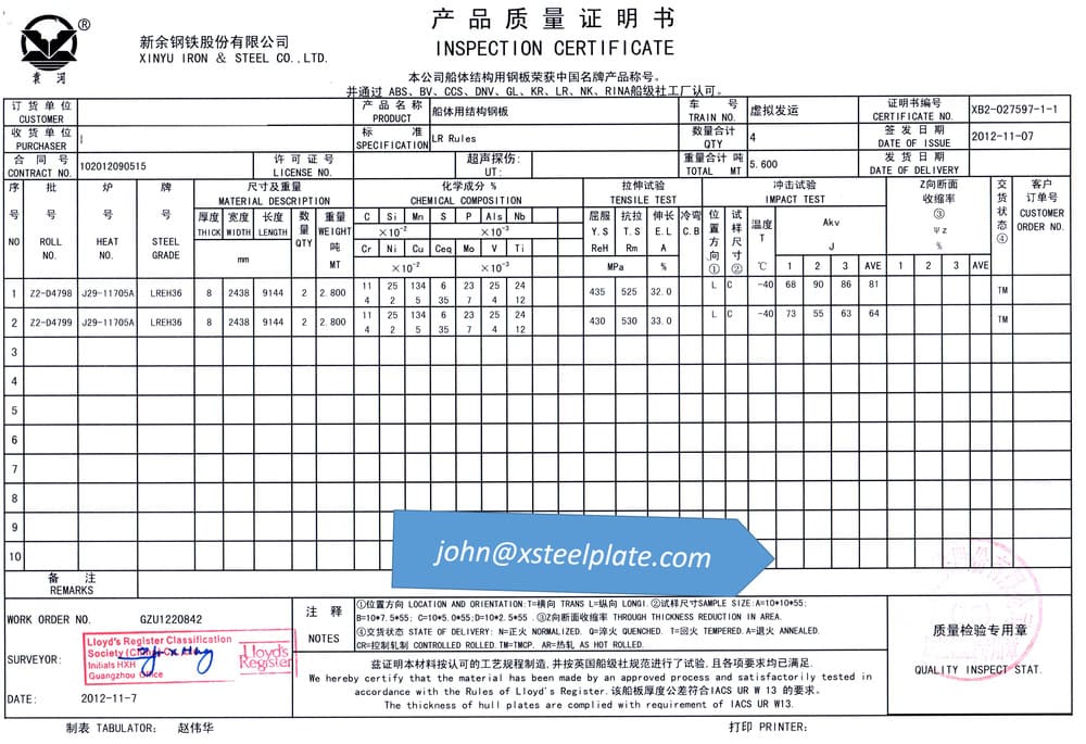 lr eh36 steel plate mill certificate