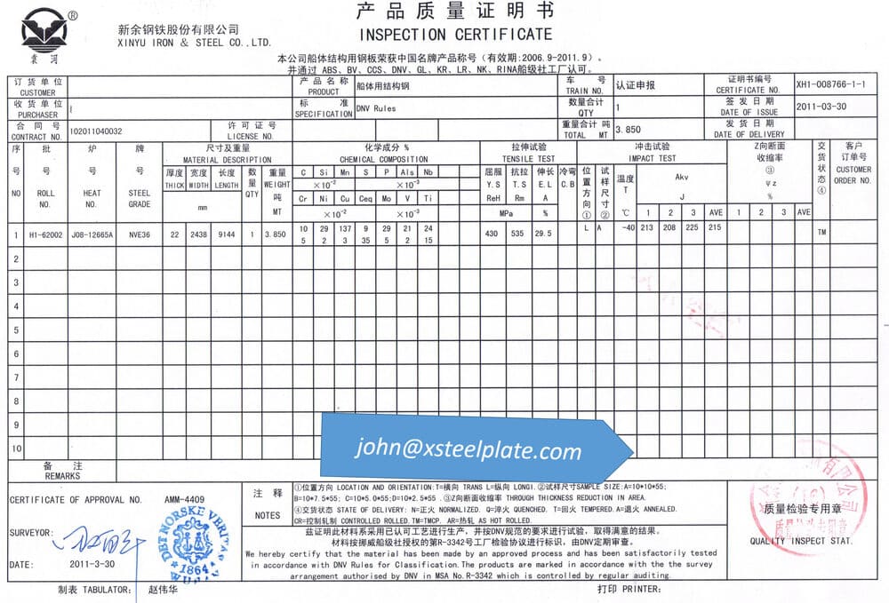 nv e36 steel plate mill certificate