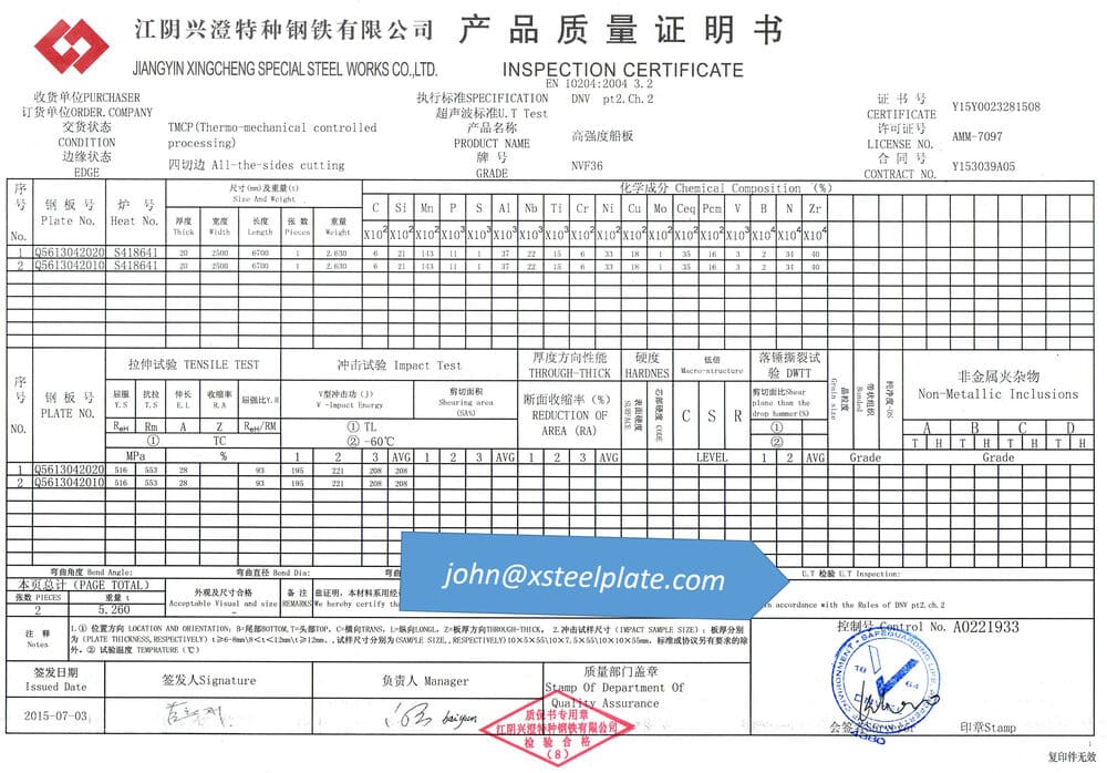 nv fh36 steel plate mill certificate