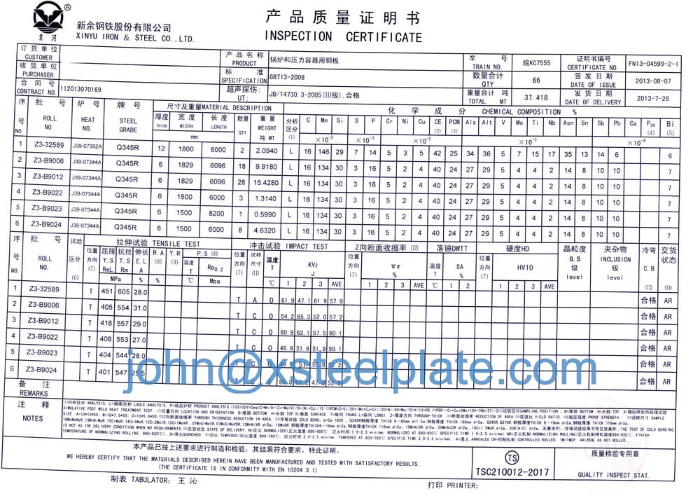 q345r steel plate mill certificate