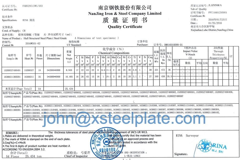 rina a steel plate mill certificate