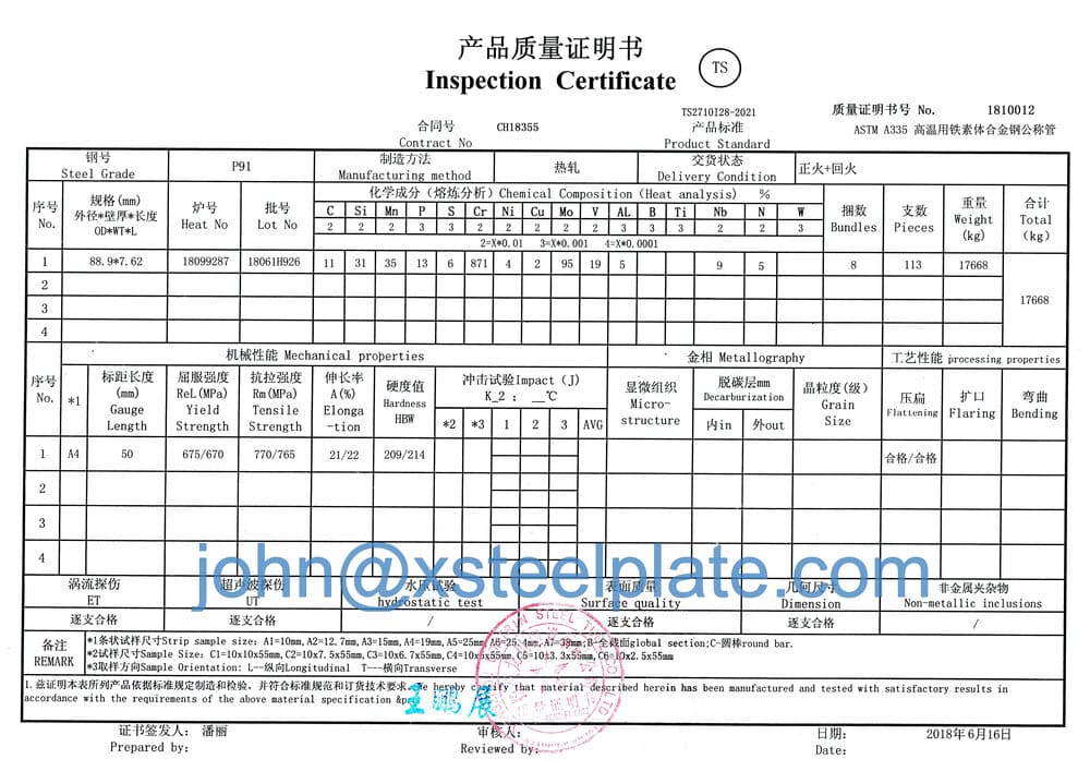 seamless pipe A335 P91 mill certificate